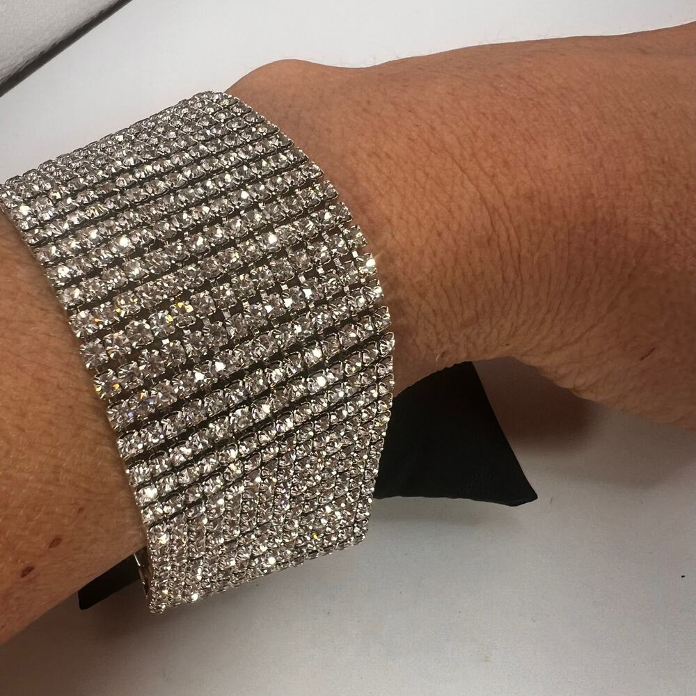Silver Tone Mesh Clear CZ Rhinestone Bracelet Formal Evening